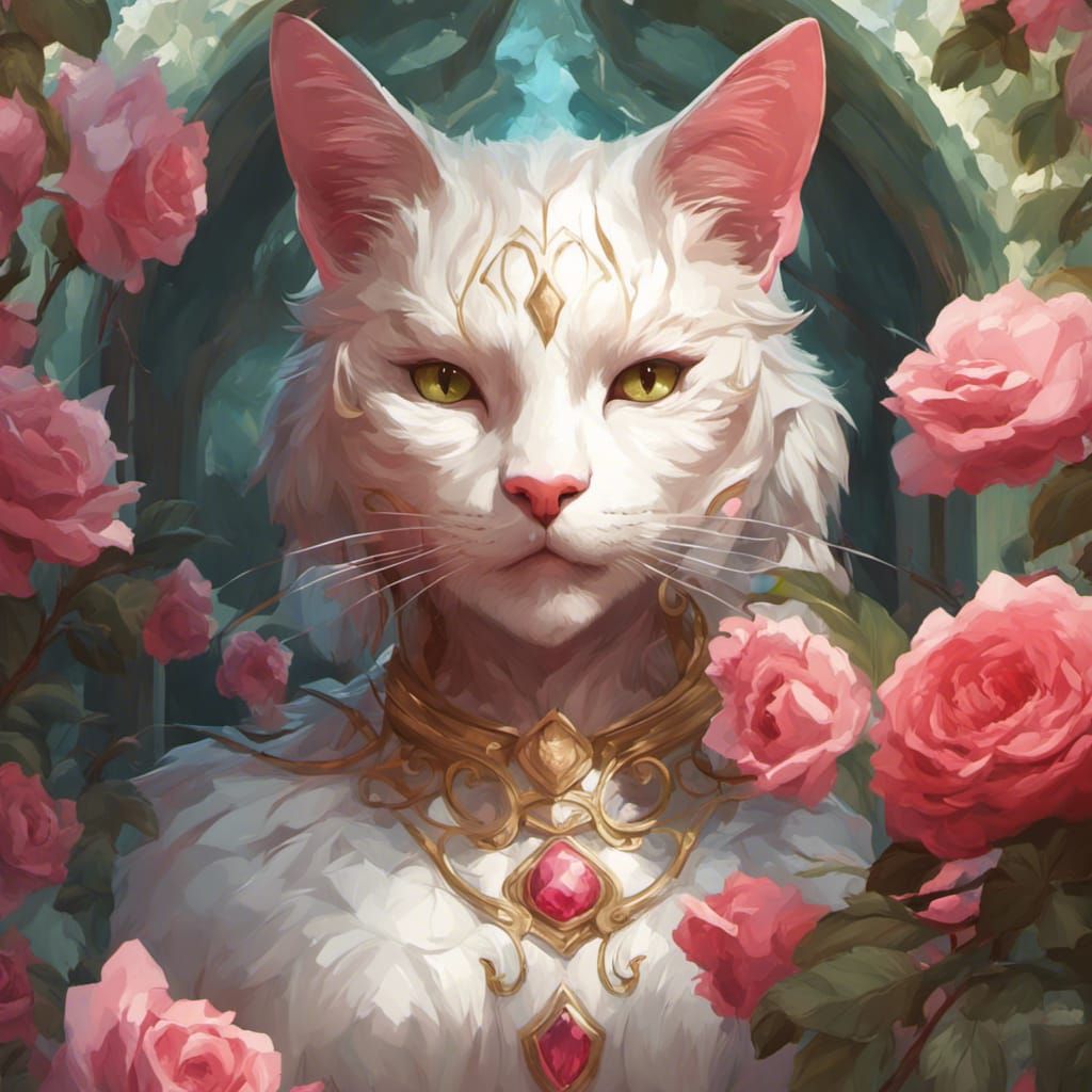 Cat Queen in Rose Garden: Art Nouveau Portrait