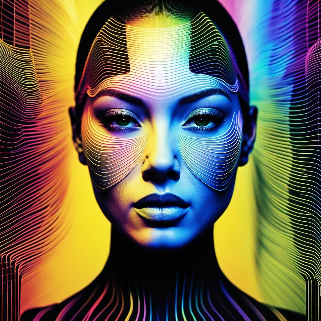 Android Face in Wireframe Frequency Waveforms