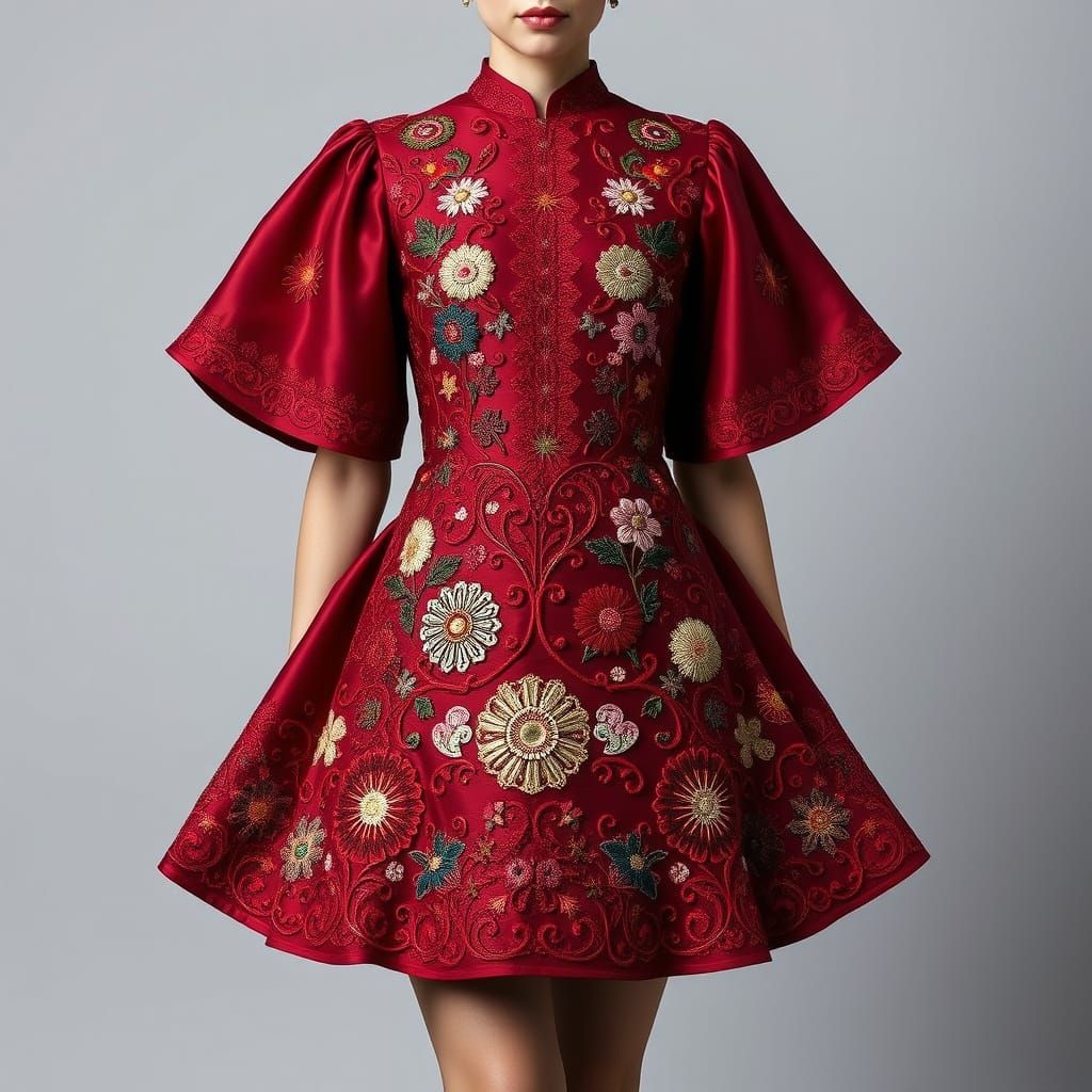 Intricately Embroidered Red Dress: A Global Fusion