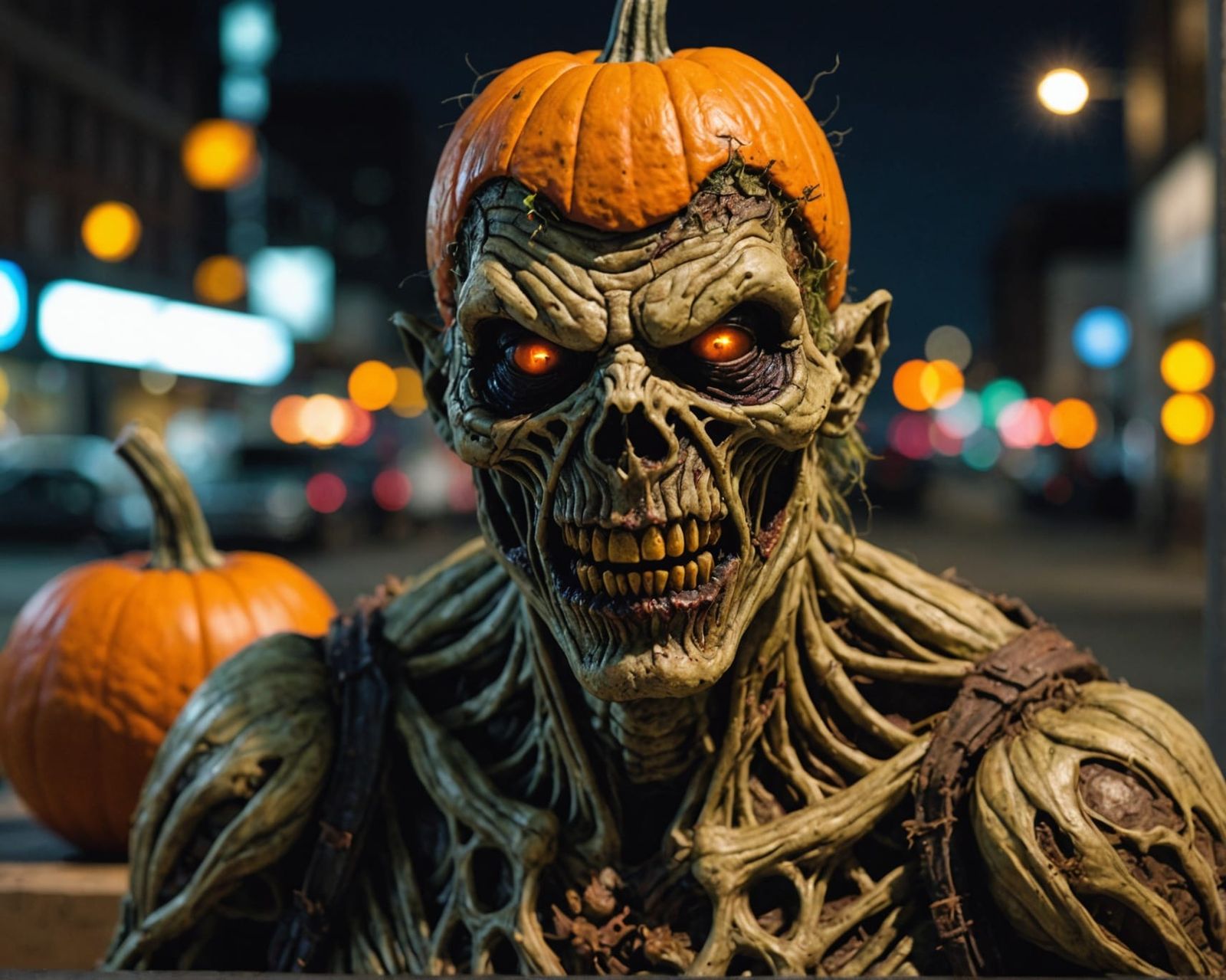 Zombie Pumpkinhead in Hyperrealistic Photography Style
