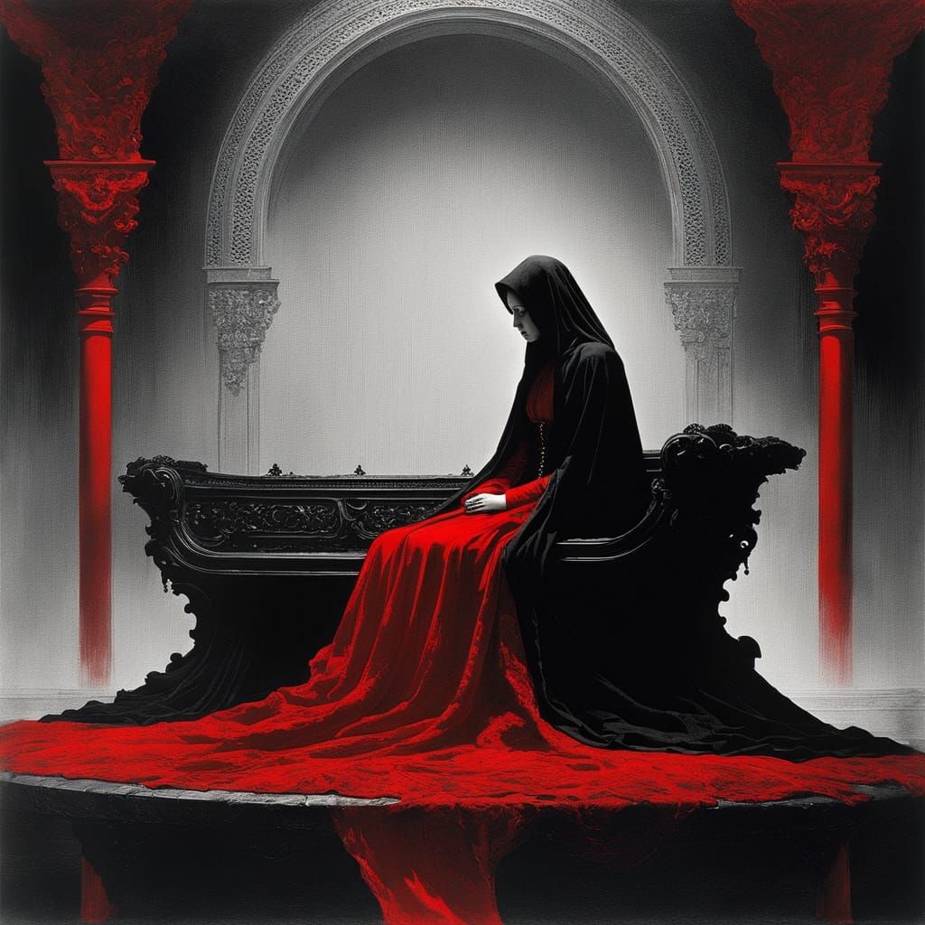 Gothic Horror: Woman on Throne with Red Highlights
