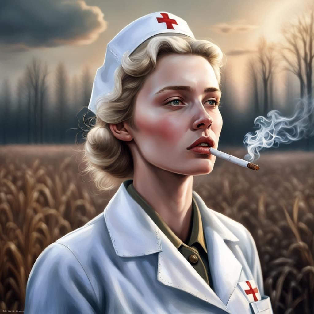 Nurse Smoking During WWII, Hyperrealistic Concept Art