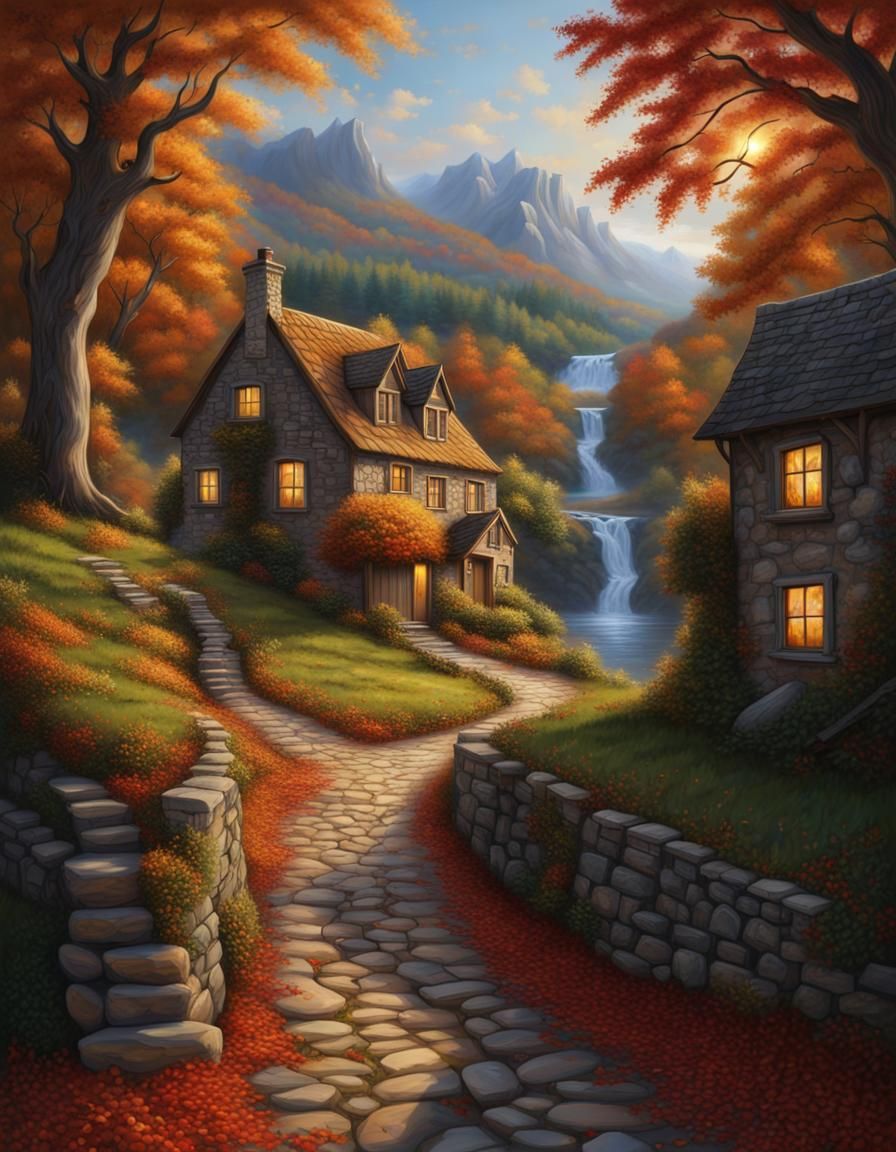 Autumn Path Oil Painting with Waterfalls and Cottages