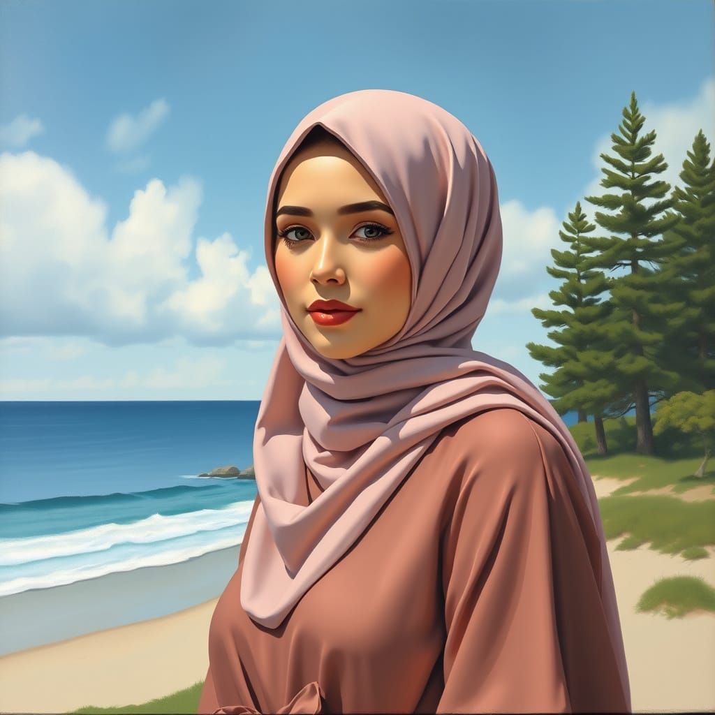 Beautiful Hijabi Portrait as Oil Painting by Baltic Sea