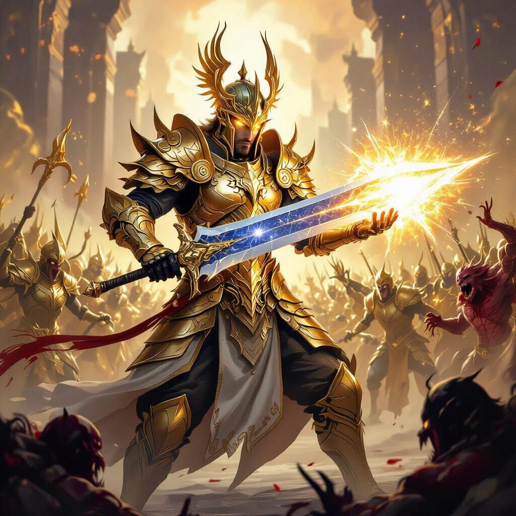 Radiant Golden Warrior in Epic Fantasy Battle