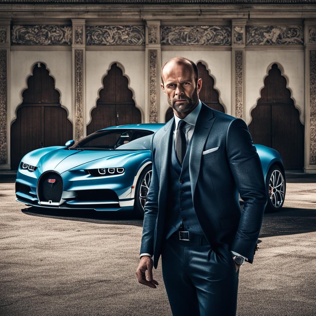 Jason Statham and Bugatti Chiron: Hyperrealistic Photo