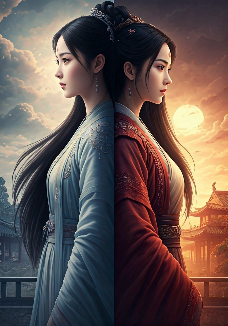 Diptych of Woman in Modern and Historical Styles