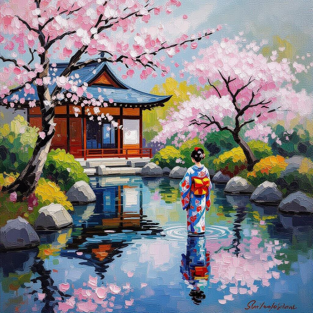 Cherry Blossoms in Japanese Garden as Impasto Painting