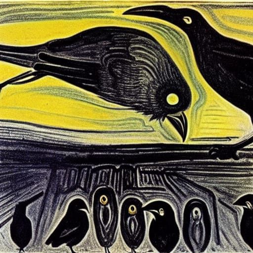 Hyperrealistic Crows in Surrealist Style