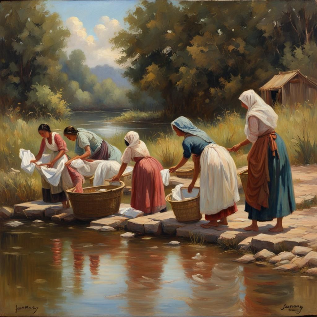 Women Washing Laundry in River: Oil Painting