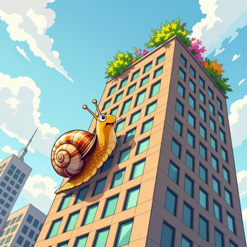 Curious Snail Ascends High-Rise in Comic Fantasy