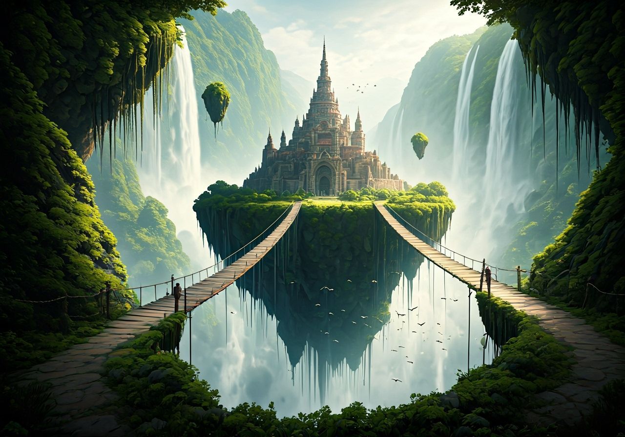 Medieval Island City with Waterfalls and Rope Bridges