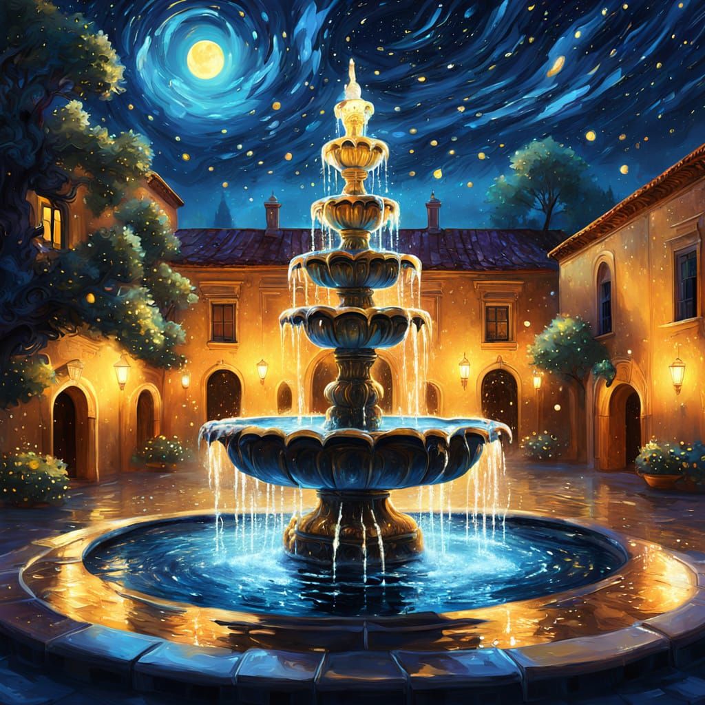 Dreamlike Fountain in Moonlit Courtyard, Digital Art