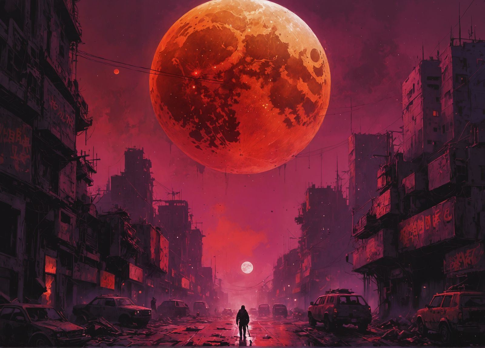 Blood Moon over Post-Apocalyptic City in Neon Graffiti Style