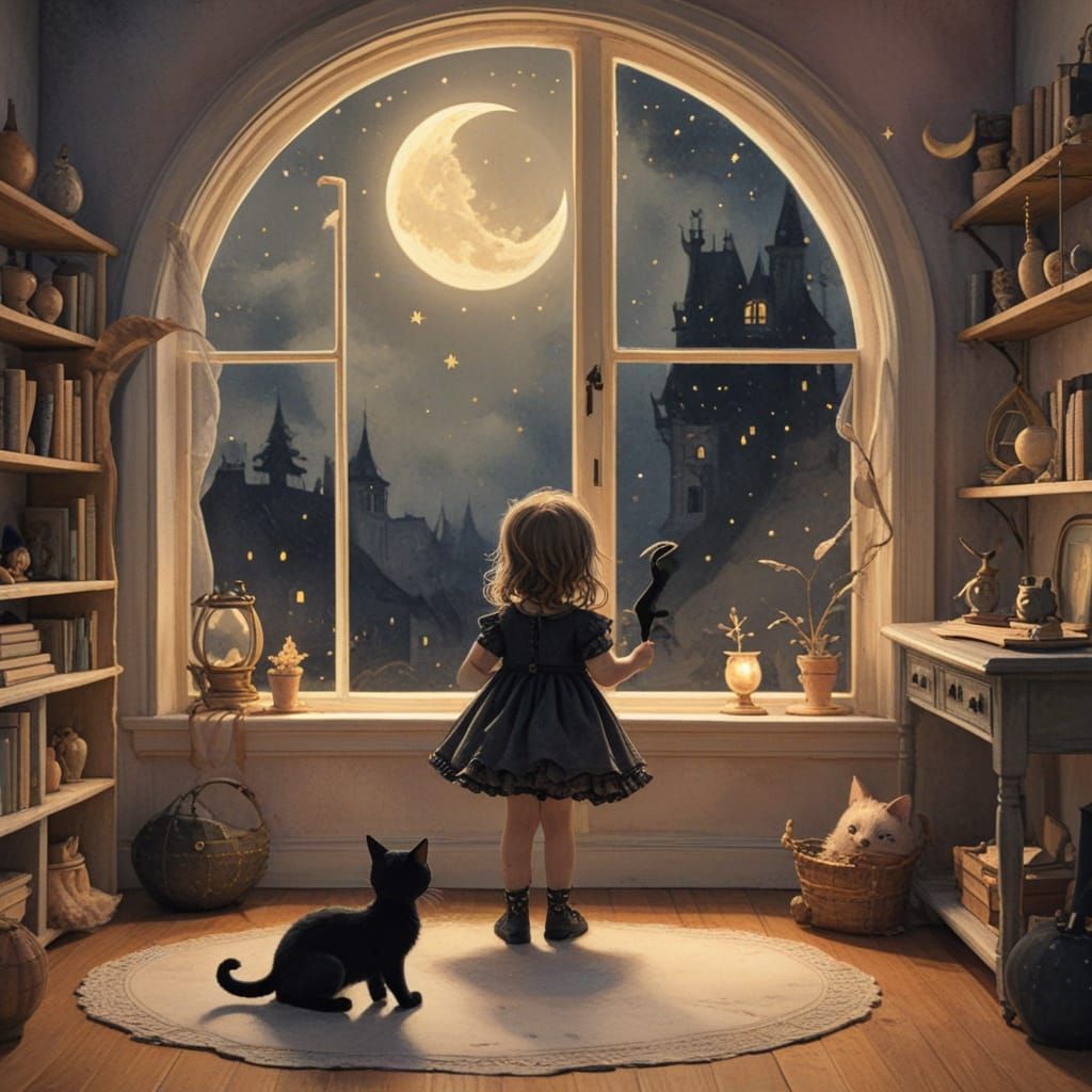Girl and Black Cat in Witch Nursery: Watercolor Illustration