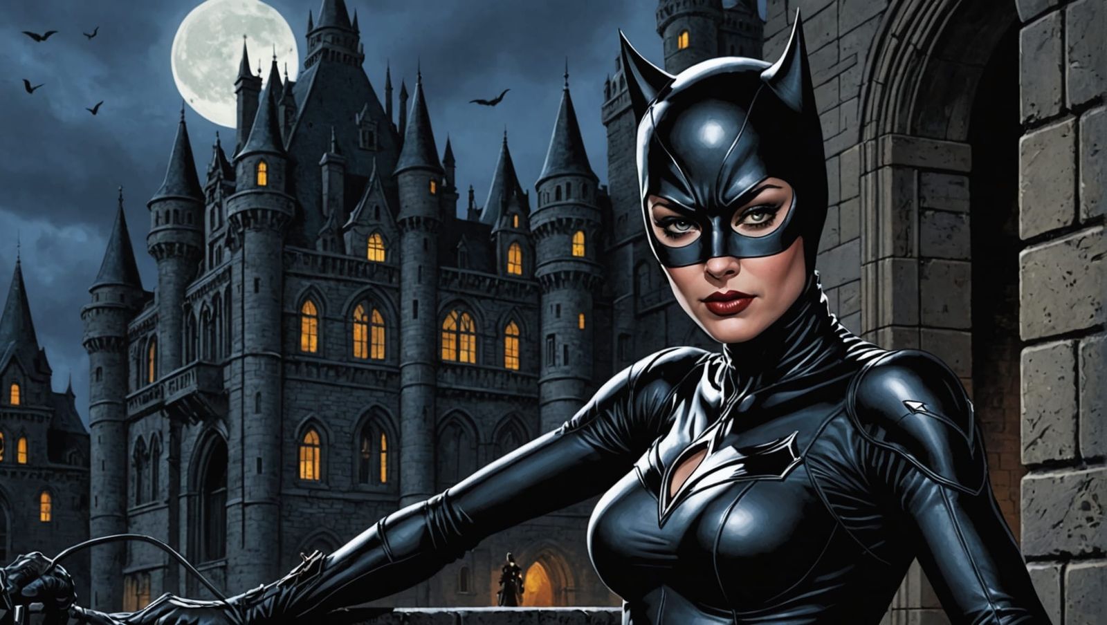 Catwoman at Castle Doom in Comic Book Style