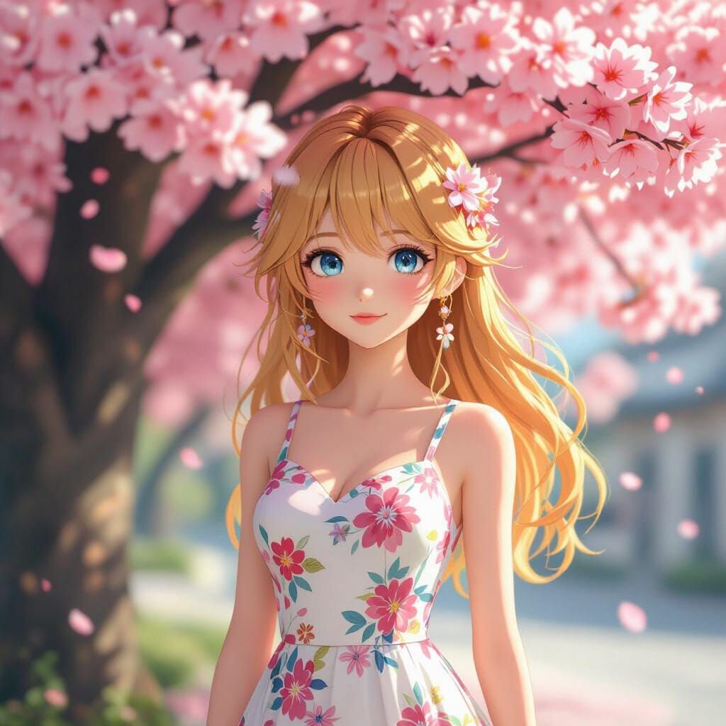 Anime Girl Under Cherry Blossoms, 3D Style