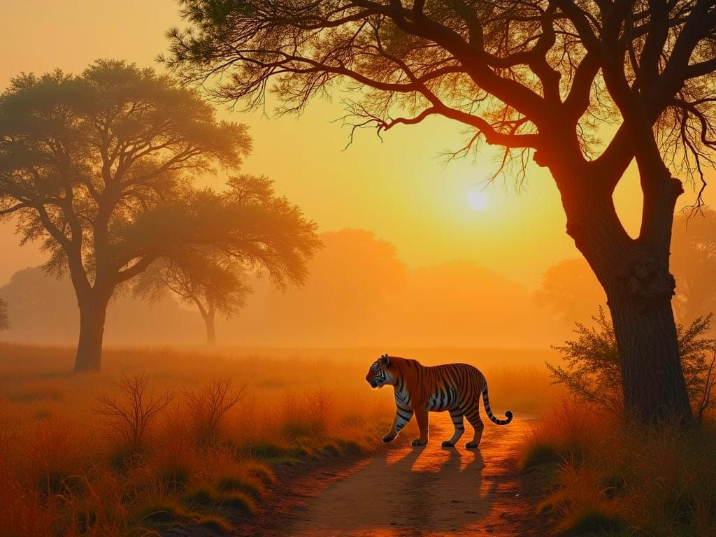 Surreal Indian Landscape with Majestic Tiger in Vibrant Colo...