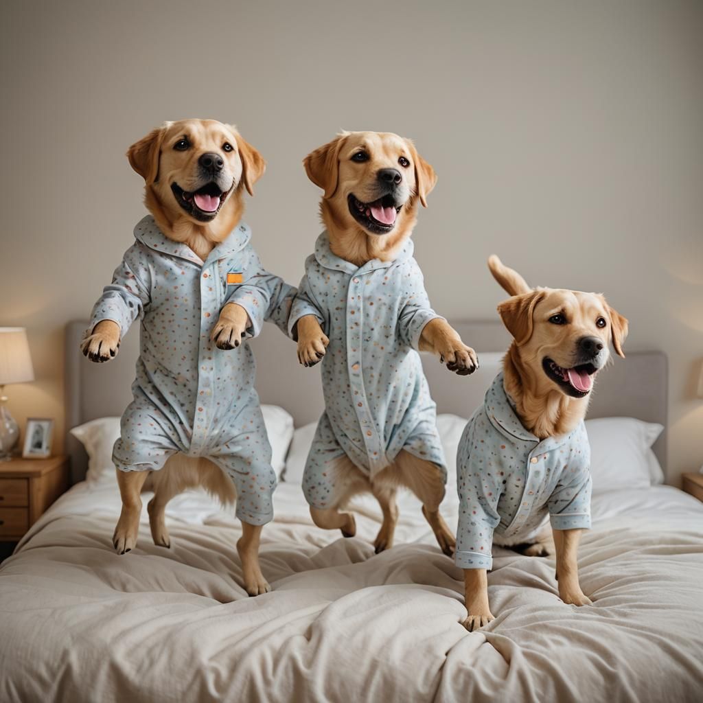 Labrador Retrievers in Pajamas Jumping on Bed