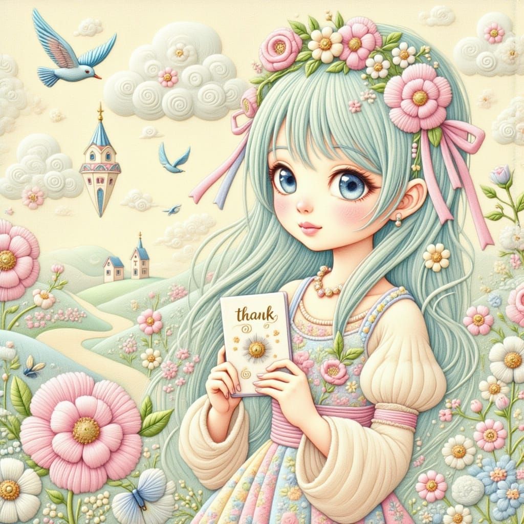<lora:Pastel Embroidery:1.0> Create a beautiful image with an animatie holding a note with the text "thank you" note, cl...