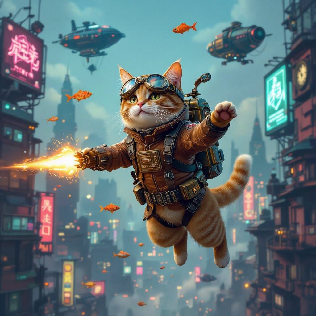 Ginger Cat Soars in Cyberpunk City with Steampunk Jetpack