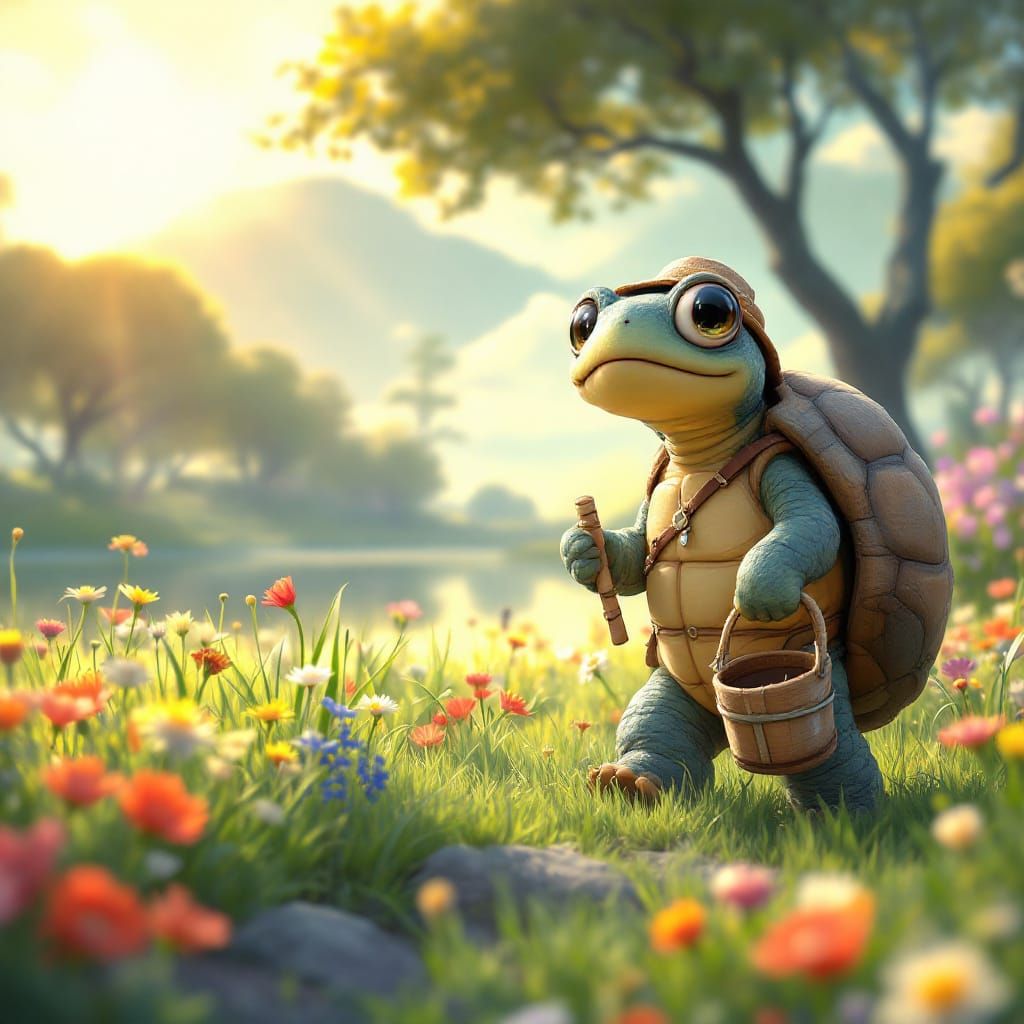 Anthropomorphic Tortoise with Fishing Pole in Sunny Meadow