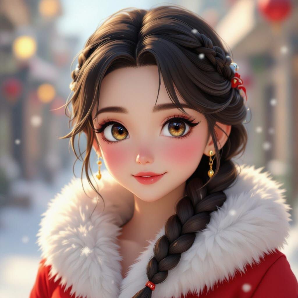 Anime Girl in Red Fur Coat, 3D Rendered