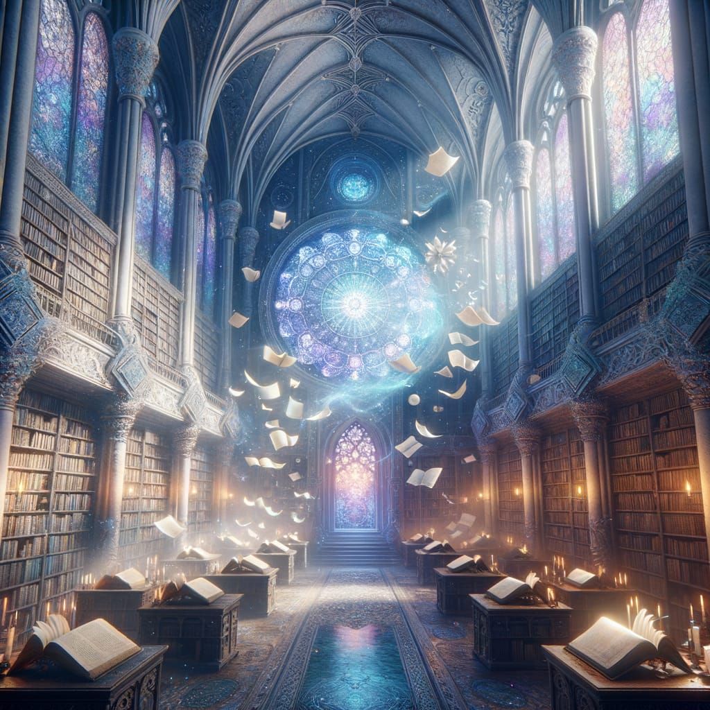 Whimsical Library of Glowing Tomes and Celestial Maps