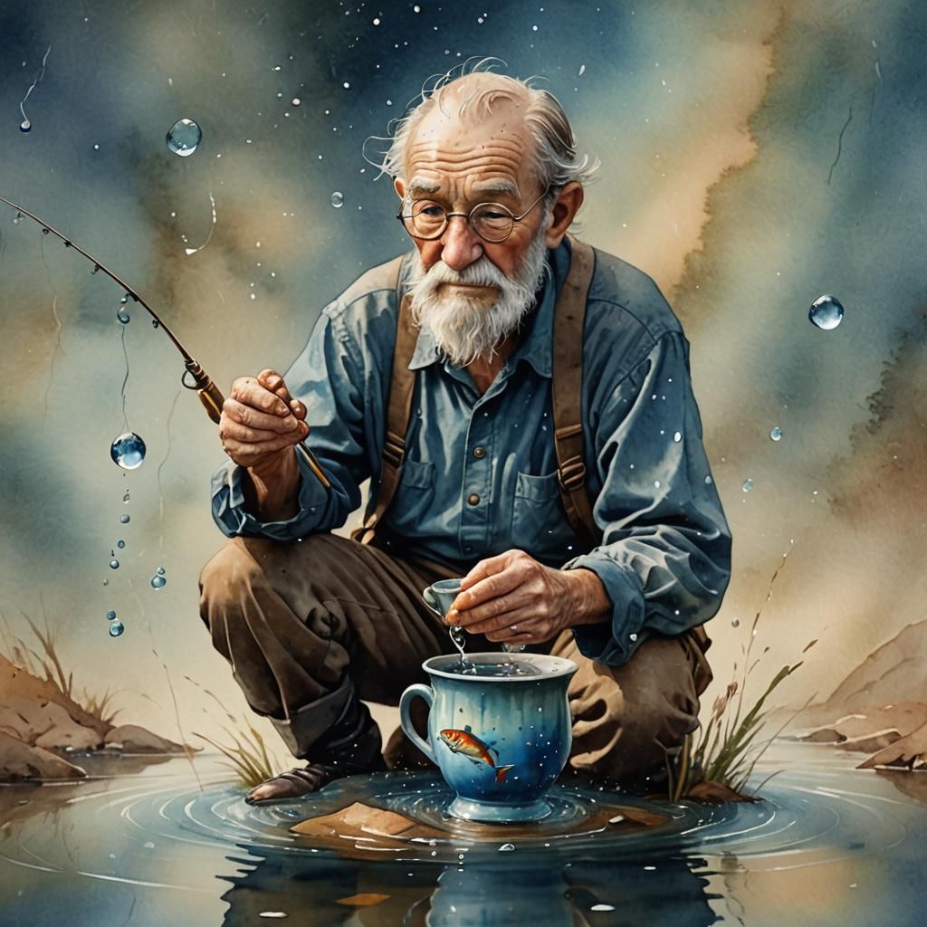Fishing in a Cup: Whimsical Fantasy Art