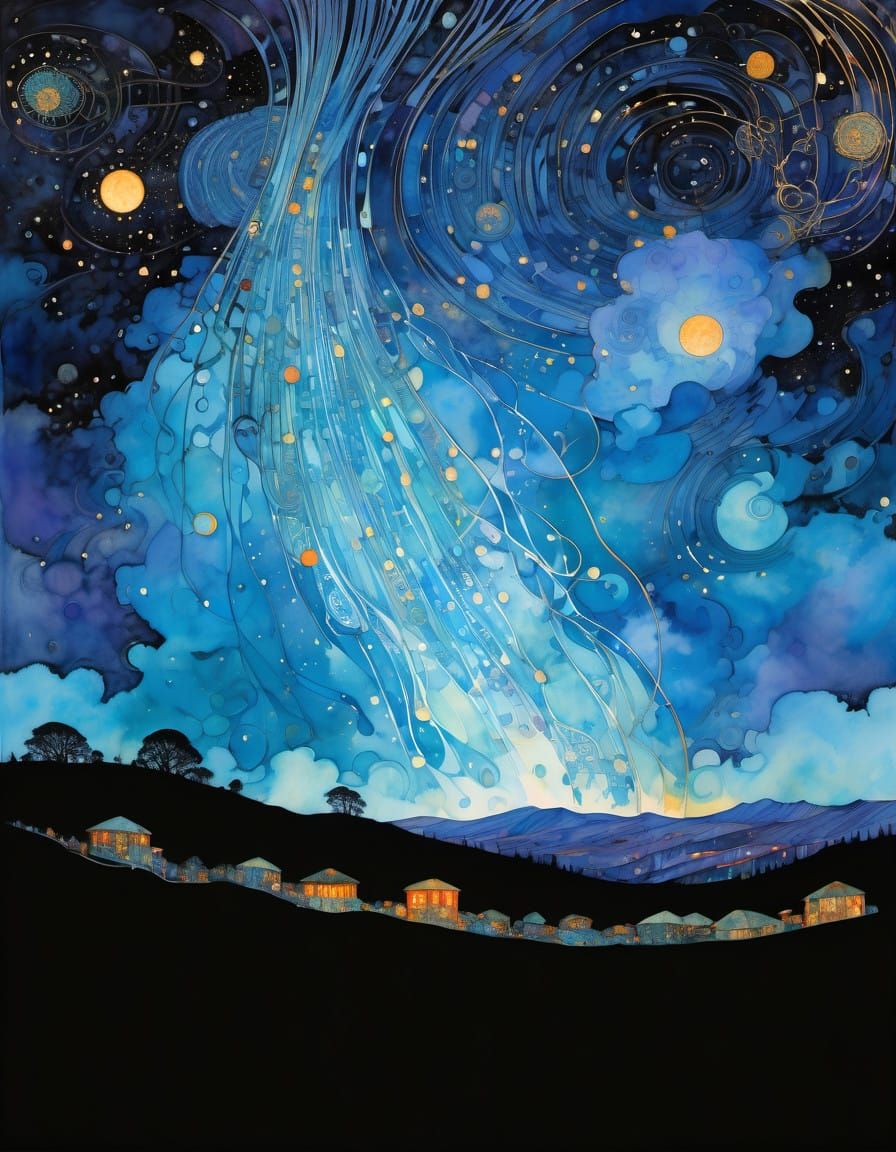 Vibrant Meteor Shower in Intricate Ink and Watercolour Style