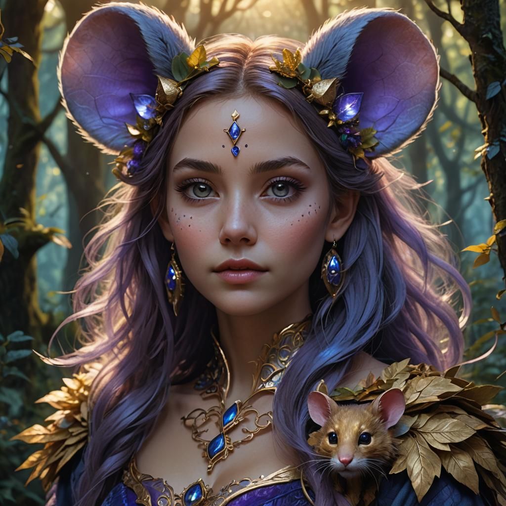 Mouse-Woman Portrait in Mystical Forest, Fantasy Art