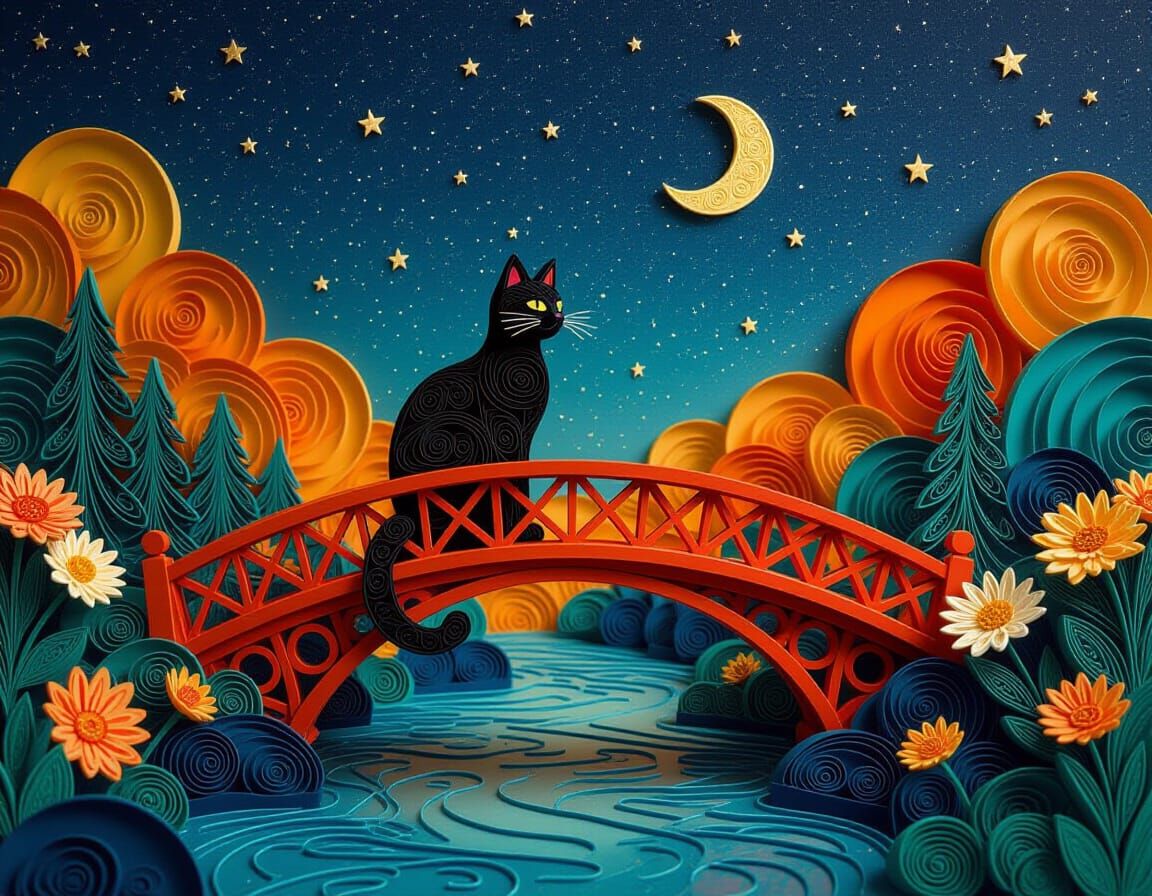 Black Cat on Bridge Under Starry Night Sky Diorama