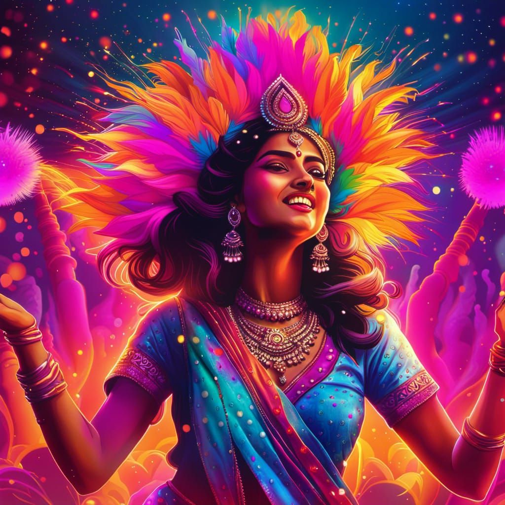 Indian Girl Dancing at Holi Festival in Synthwave Style