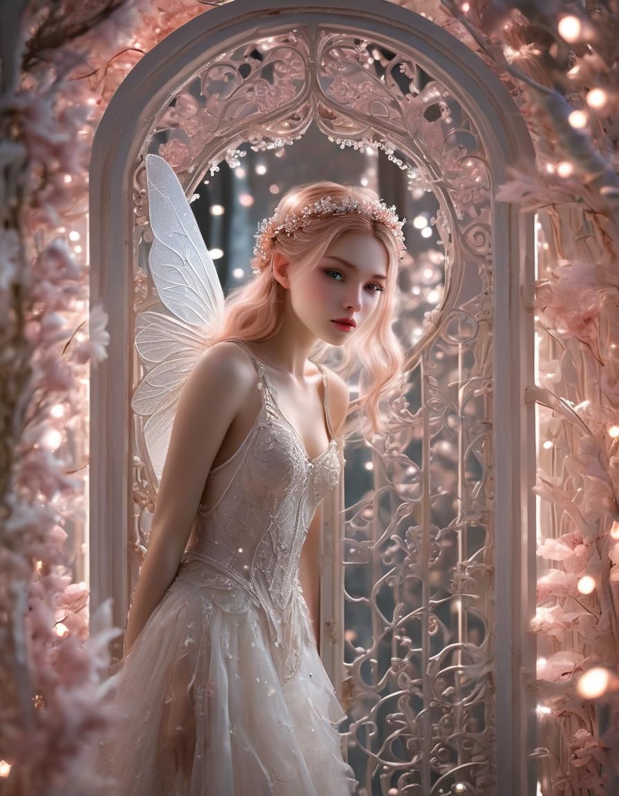 Ethereal Fairy Peeks Through Magical Glass Gate