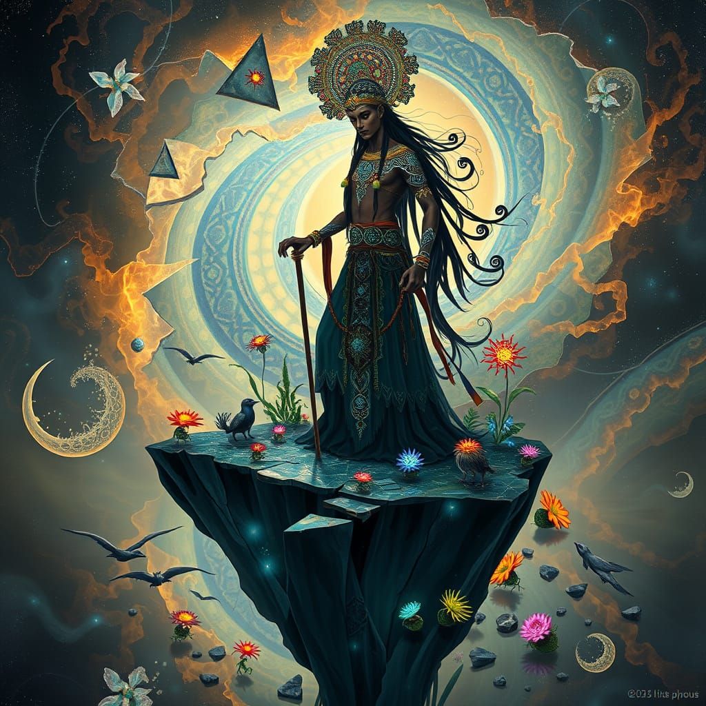 Mystical Shaman on Shattered Island in Surreal Style