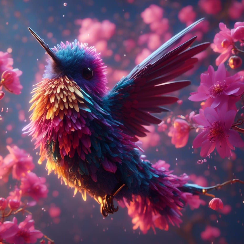 Fluffy Hummingbird: Detailed Matte Painting in Deep Color