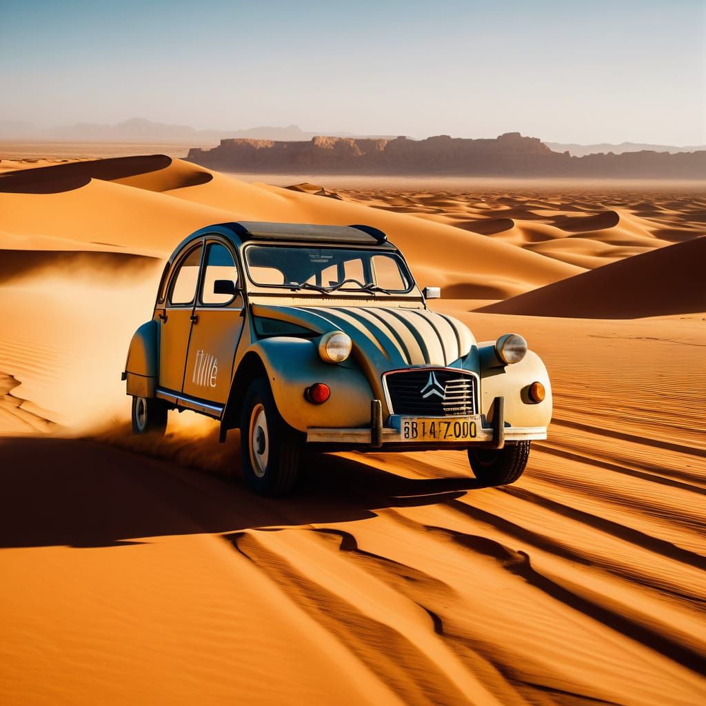 Citroën 2CV Races Across Sahara at Golden Hour