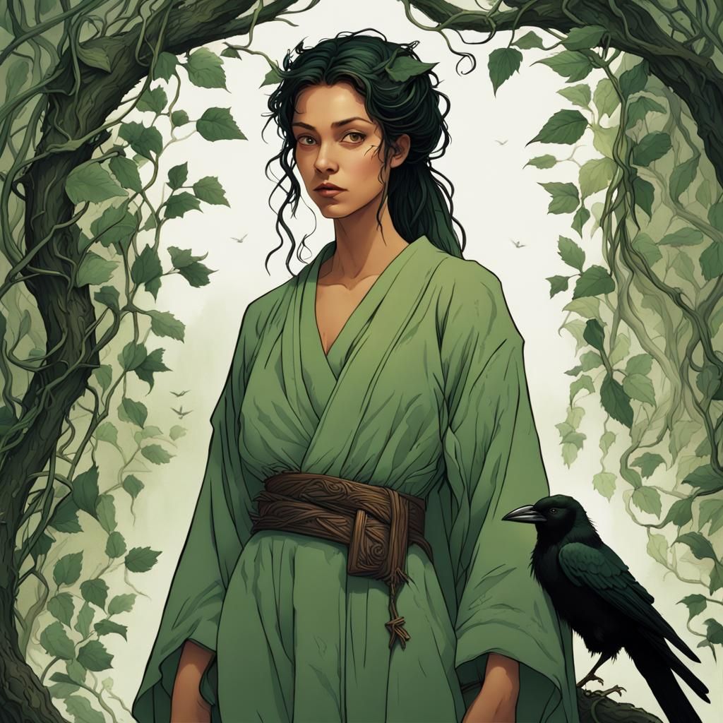 Green-Haired Woman with Crow: Fantasy Concept Art