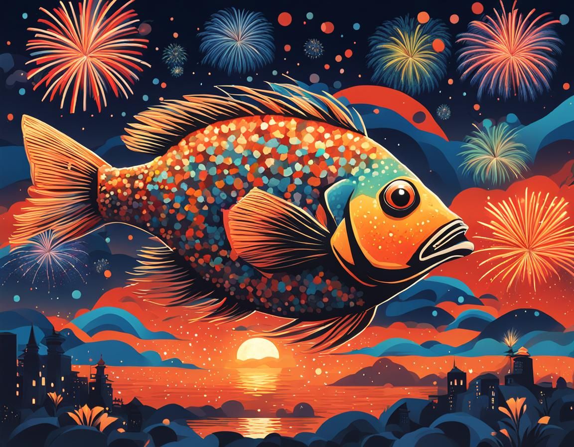 Fish Fireworks in Night Sky, Neo-Realist Poster