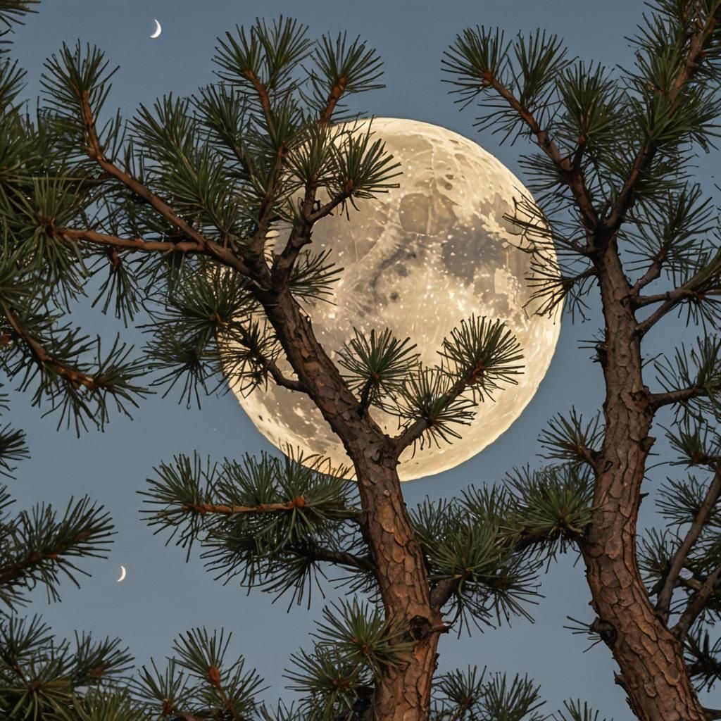 Close-Up Moon Ascends Over Pine Tree