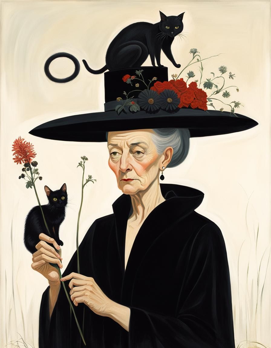 Sorceress with Cat, Rats, and Wand, in Oil Painting Style
