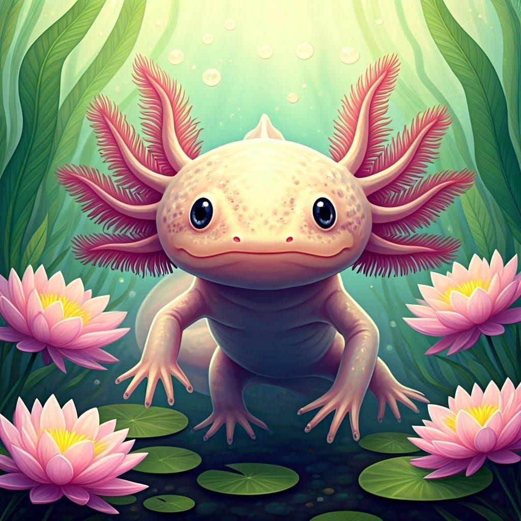 Cute Axolotl in Dreamy Aquatic Alphonse Mucha Style