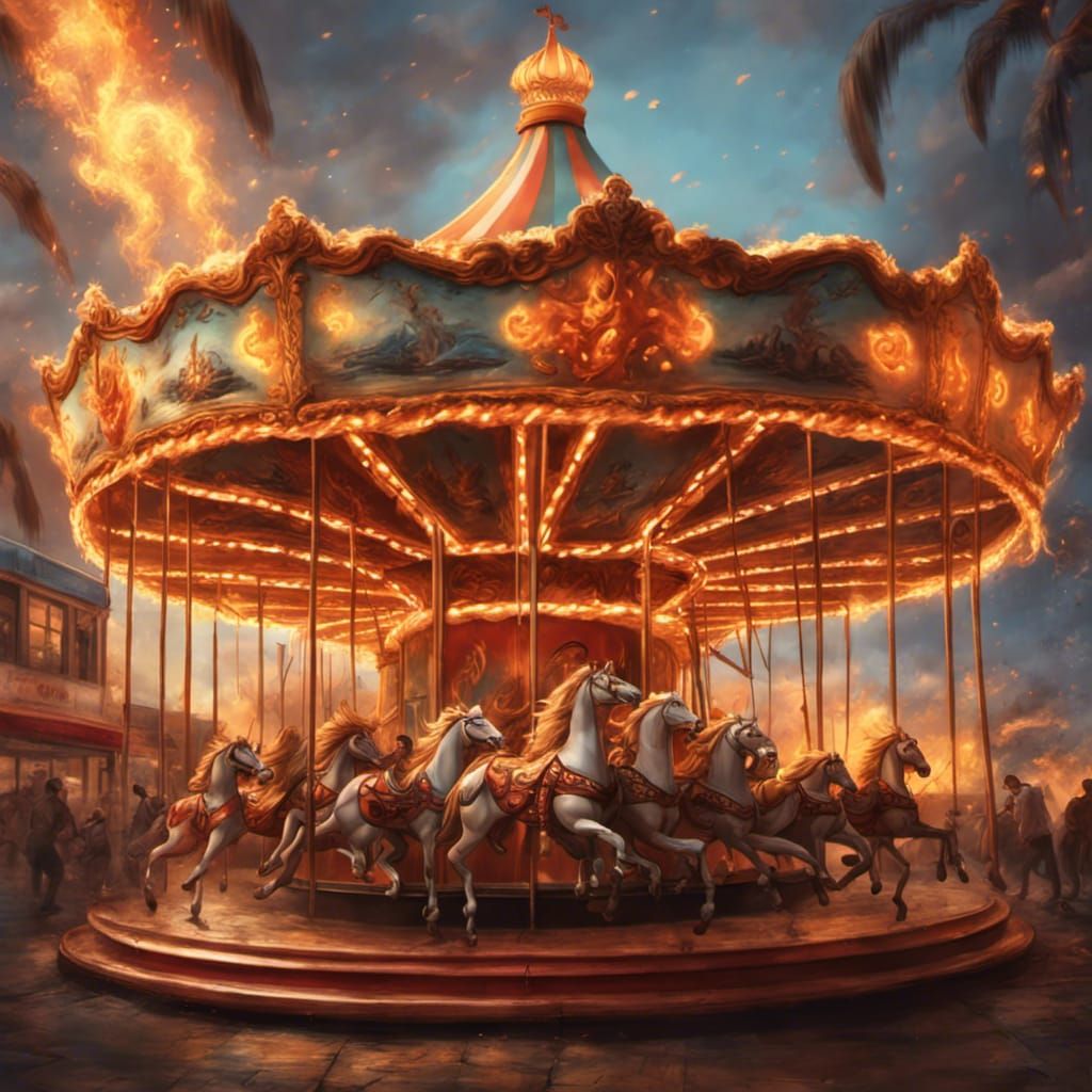 Burning Seaside Carousel: Hyperrealistic Splash Art