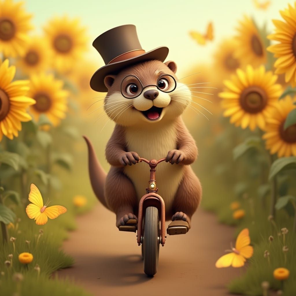 Otter Rides Penny-Farthing: Pixar-Style Sunflower Field