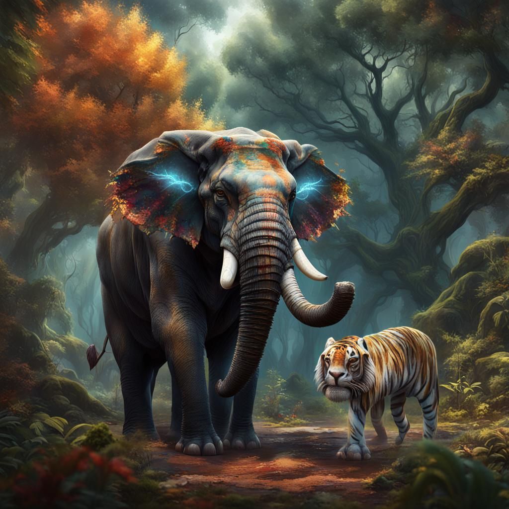 Elephant Versus Tiger in Detailed Fantasy Art
