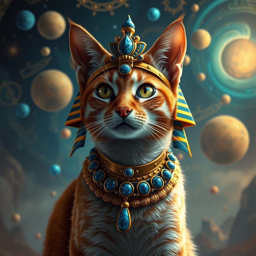 Majestic Ginger Cat as Egyptian Goddess in Dreamlike Hierogl...