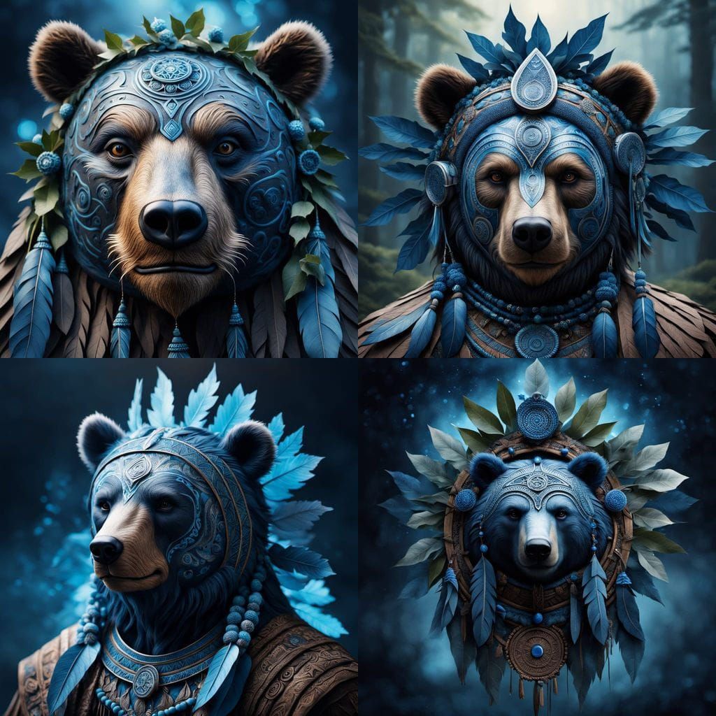 Ceremonial Cherokee Bear Mask in Blue and Wood Tones