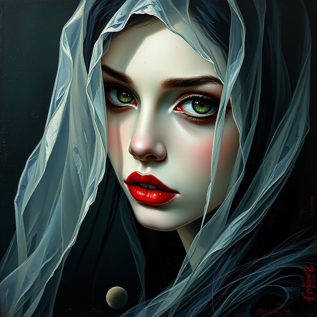 Gothic Maiden with Veil in Textured Grunge Impasto Style