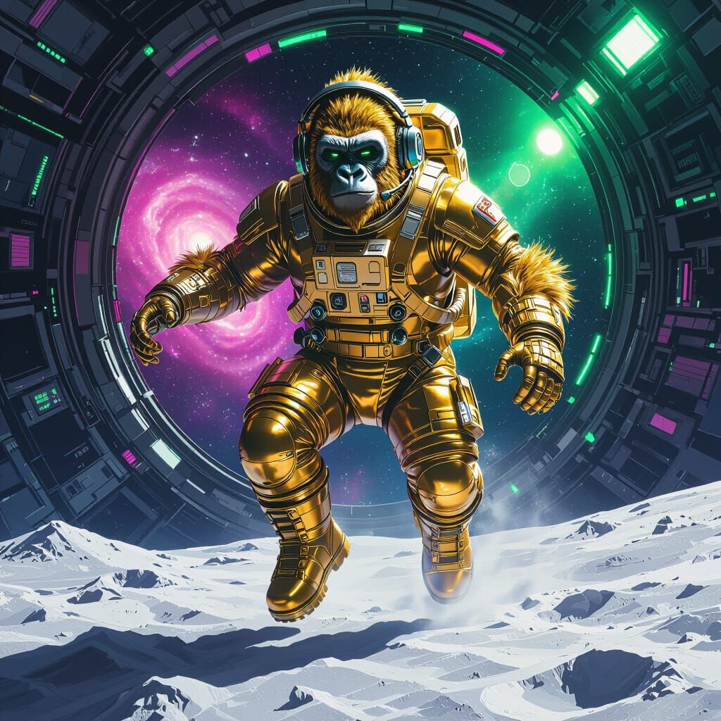 Golden Gorilla Astronaut Jumps from Spaceship