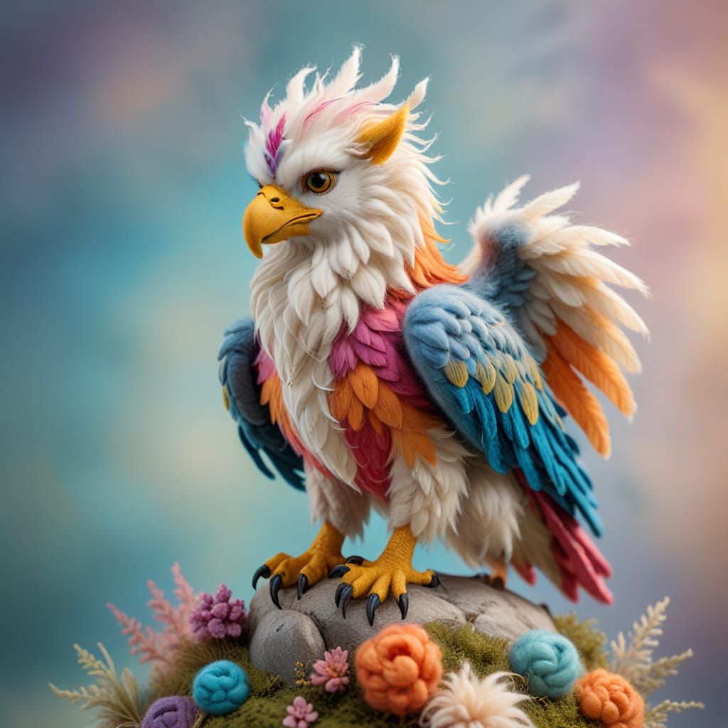 Needle-Felted Griffin on Floating Island Sculpture